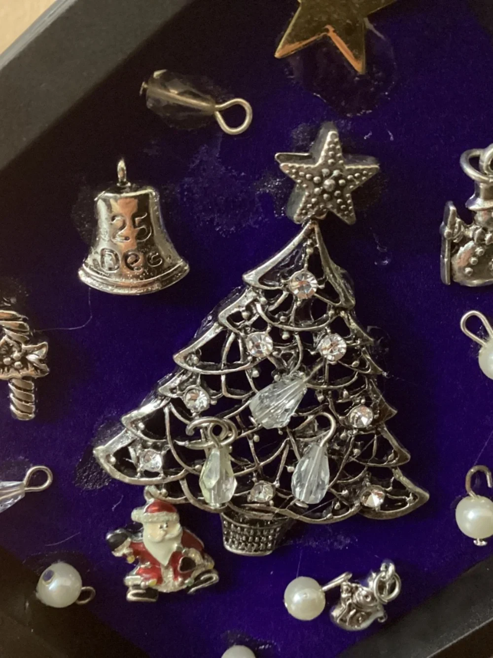 Upcycled jewelry made in art jingle bells Christmas tree charms beads framed